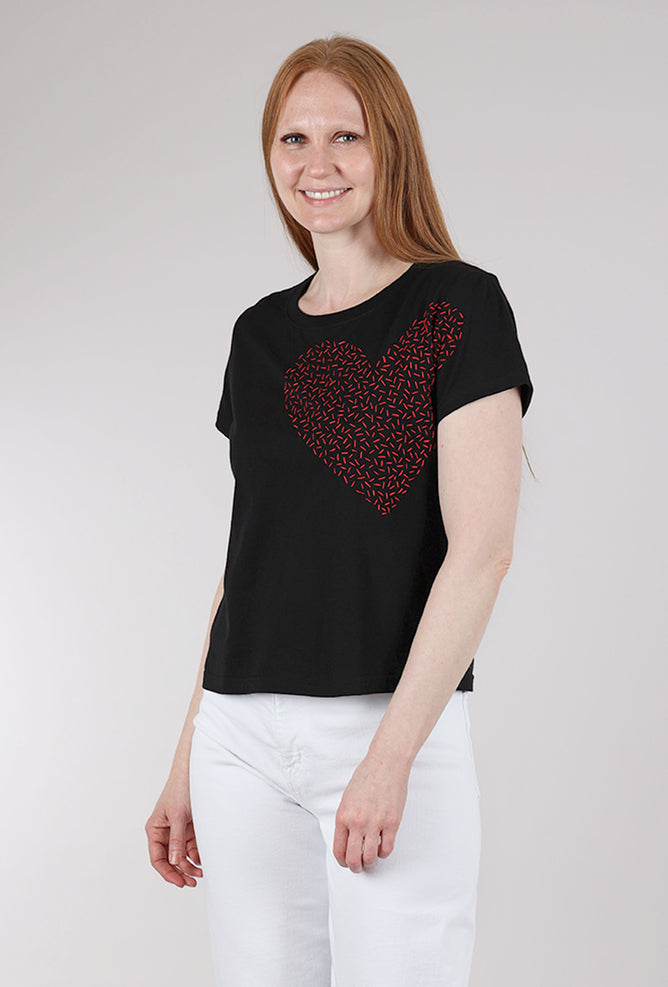 Cats With a Heart Big Heart Hand-Embroidered Tee, Black