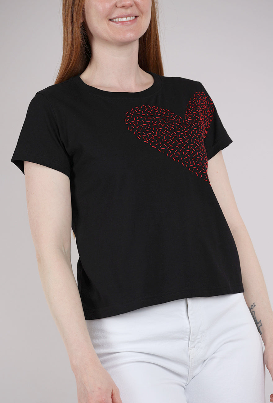 Cats With a Heart Big Heart Hand-Embroidered Tee, Black