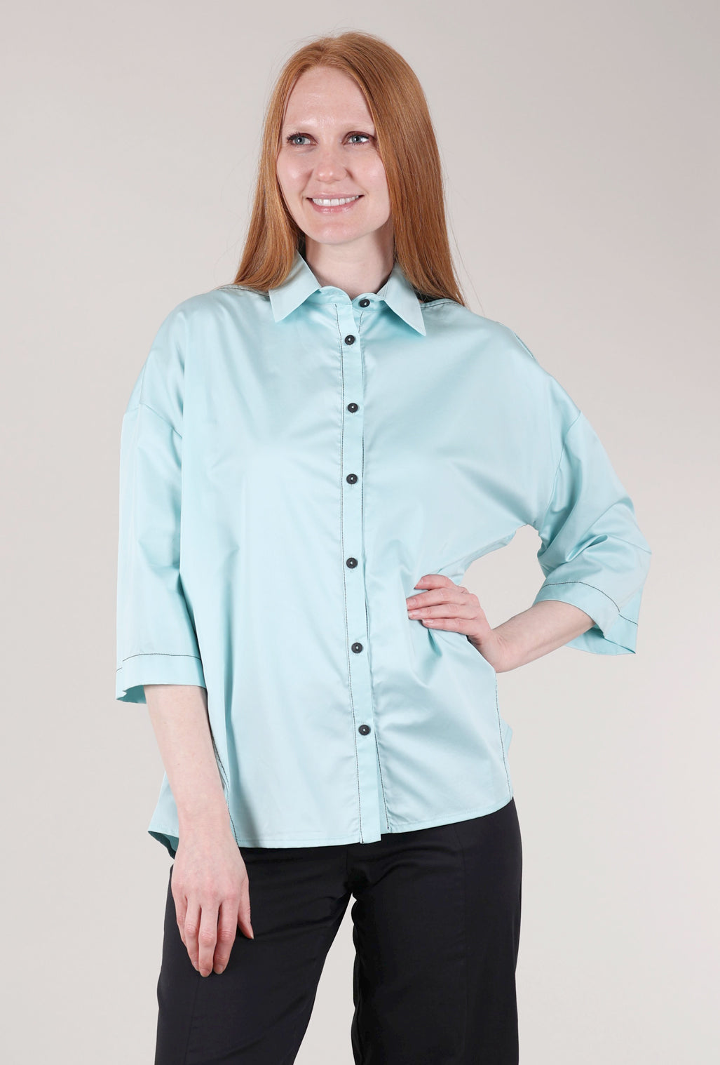 Ozai Peekaboo-Shoulder Crisp Shirt, Azure
