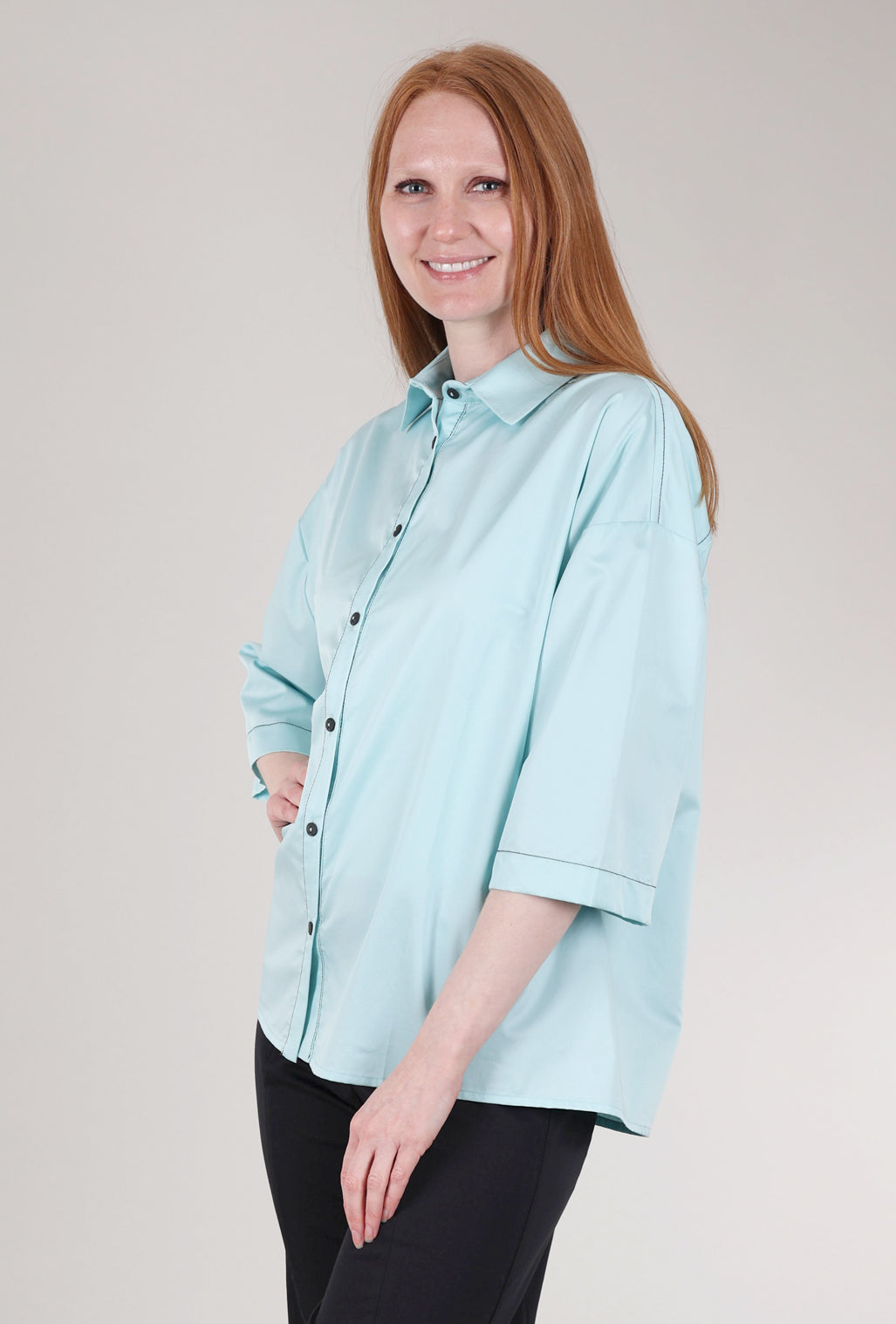 Ozai Peekaboo-Shoulder Crisp Shirt, Azure
