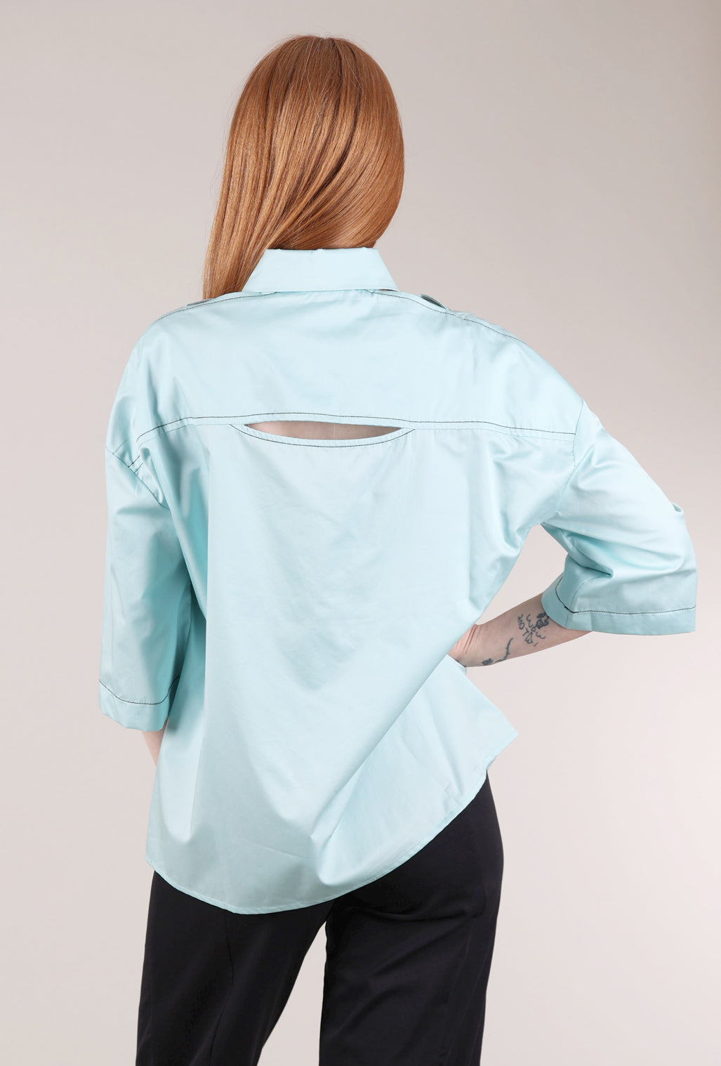 Ozai Peekaboo-Shoulder Crisp Shirt, Azure