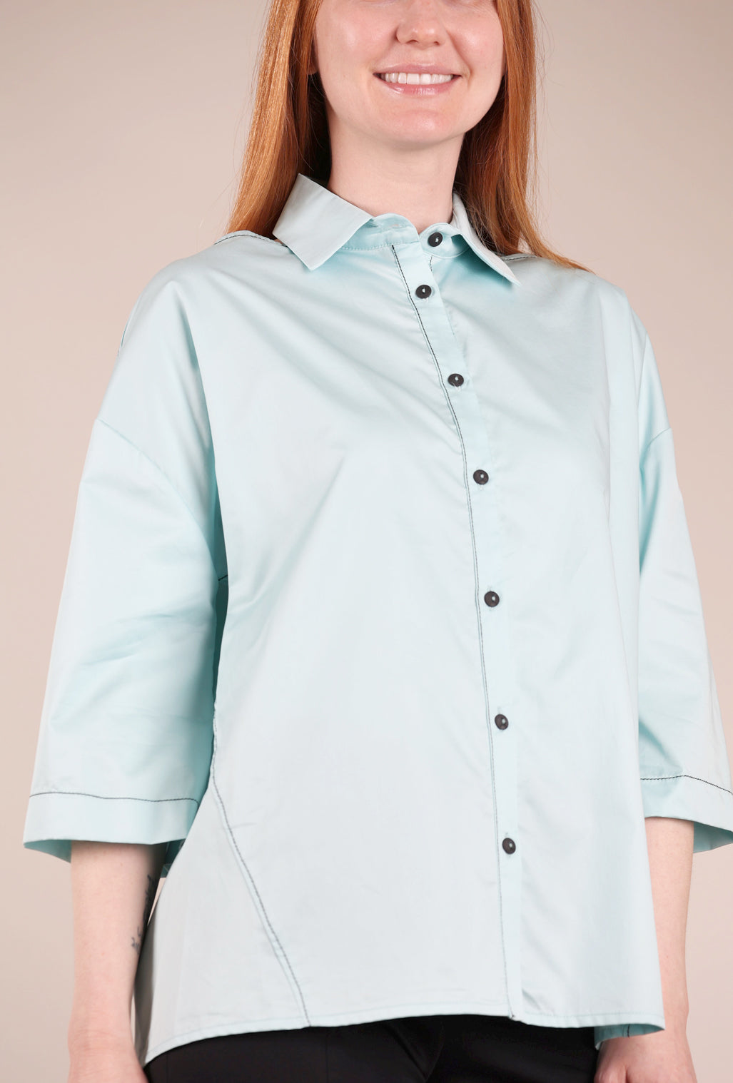Ozai Peekaboo-Shoulder Crisp Shirt, Azure