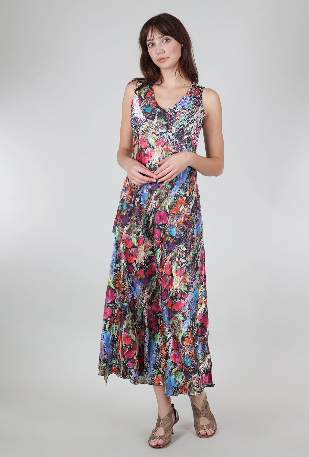 Komarov Lively Blooms V-Neck Ruffle Dress, Black