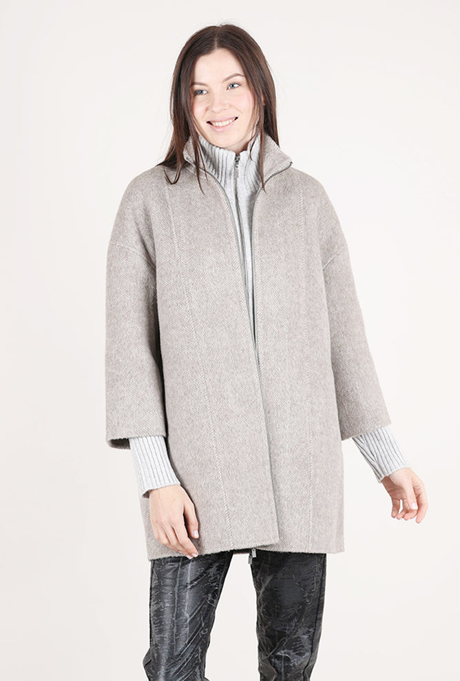 Kinross Cashmere Brushed Herringbone Zipped Coat, Taupe