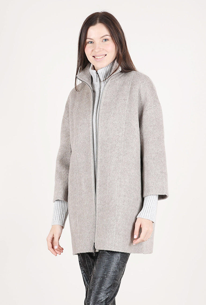 Kinross Cashmere Brushed Herringbone Zipped Coat, Taupe