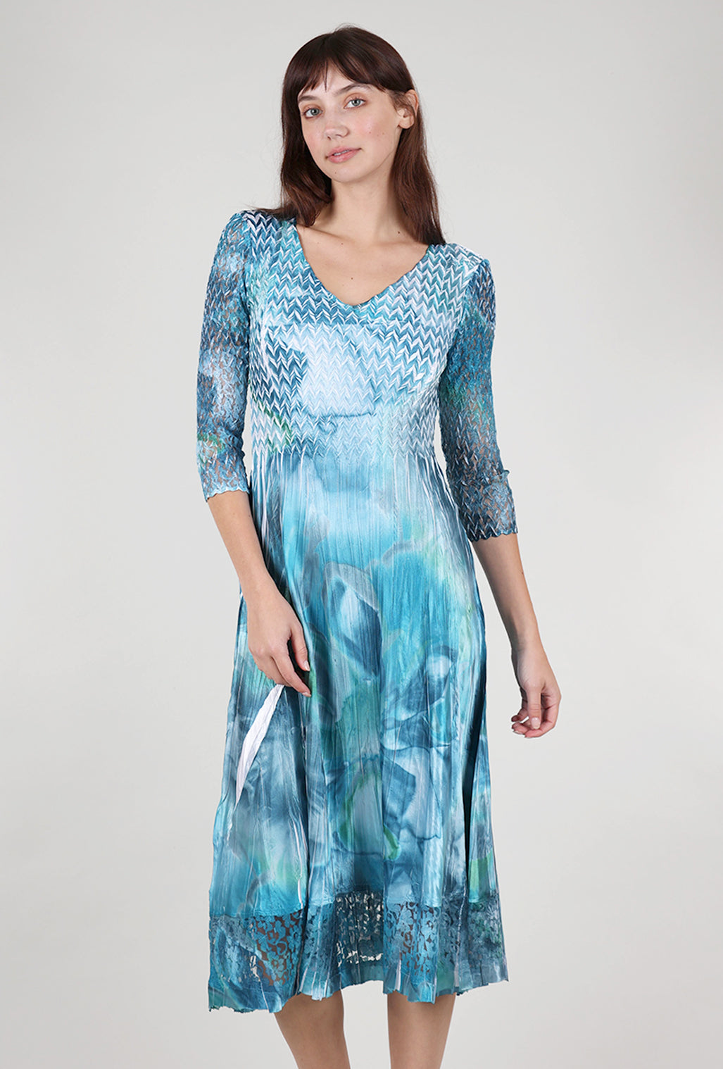 Komarov Lace Sleeve Watercolor Dress, Turquoise
