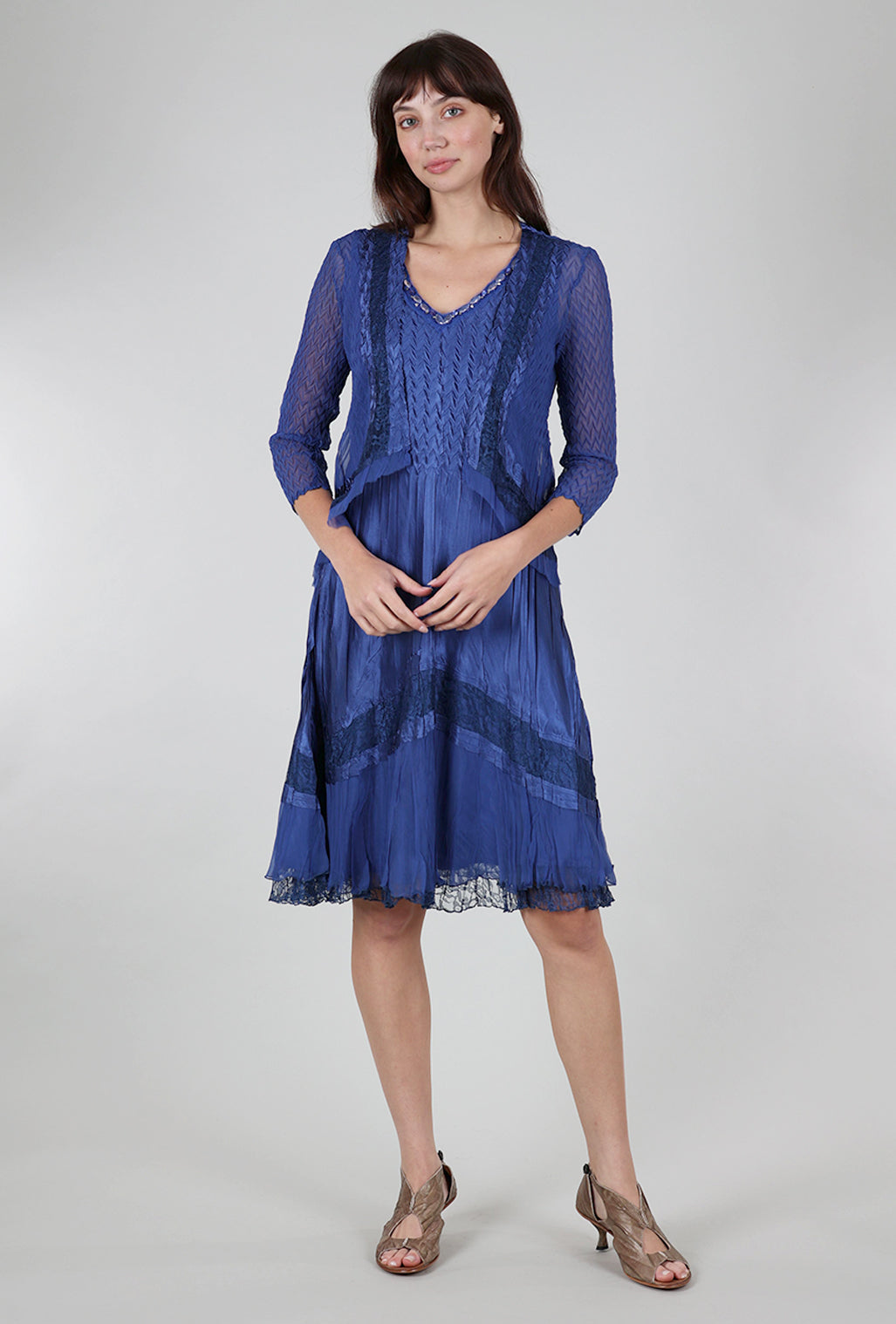 Komarov Beaded Neck Combo Dress, Navy