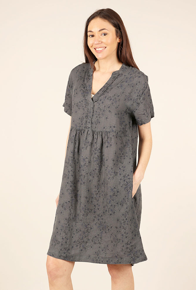 Cut Loose Print Linen Cap-Sleeve Dress, Anthracite