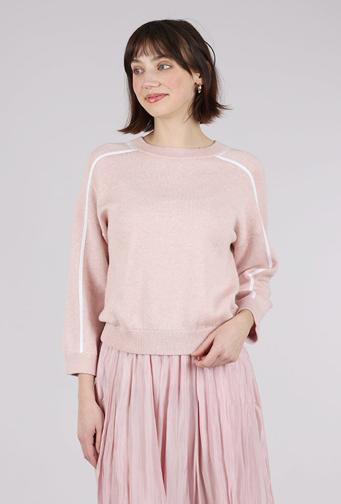 Kinross Cashmere Contrast Stitch Crew, Petal/White