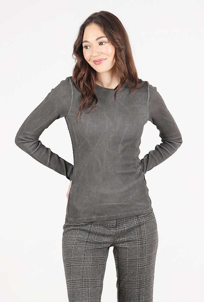 Baci Crewneck Ribbed Top, Cafe Latte