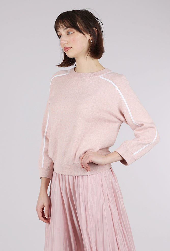 Kinross Cashmere Contrast Stitch Crew, Petal/White