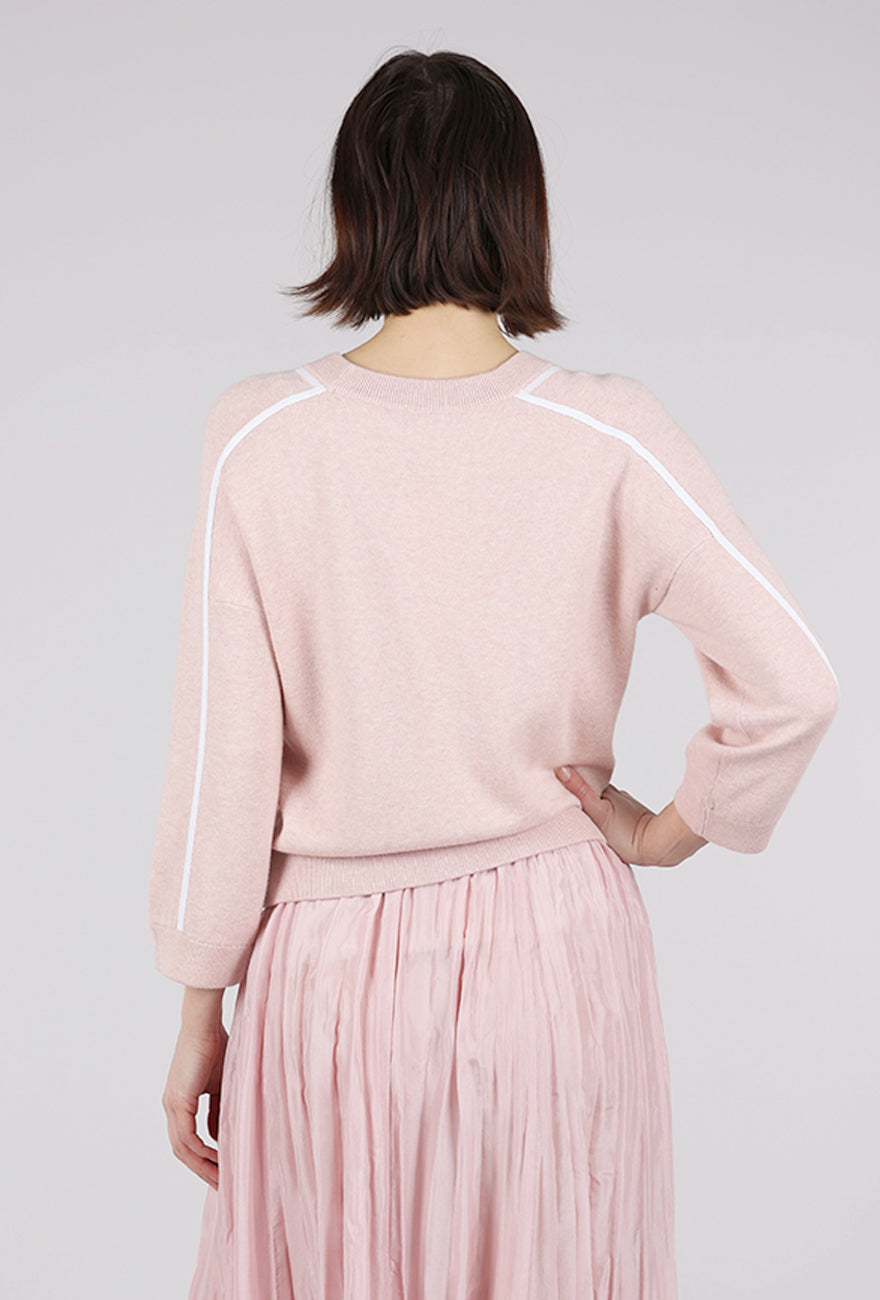 Kinross Cashmere Contrast Stitch Crew, Petal/White