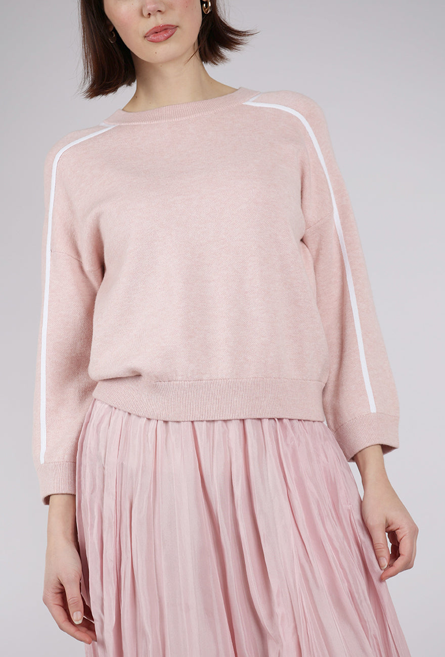 Kinross Cashmere Contrast Stitch Crew, Petal/White