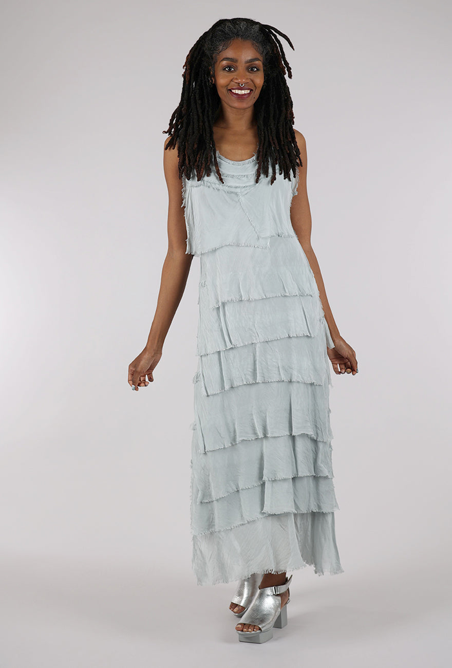 Liabella Long Tattered Tiers Dress, Silver