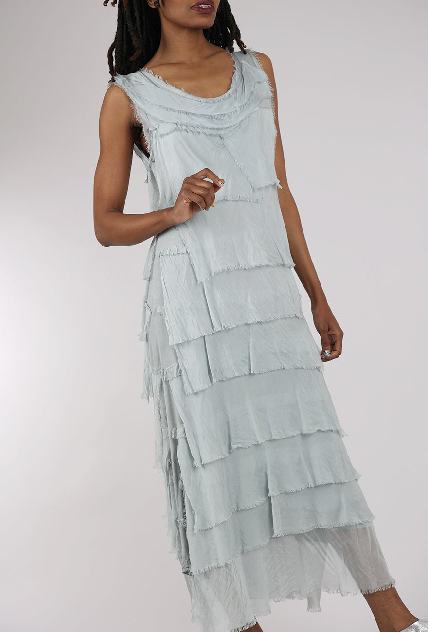 Liabella Long Tattered Tiers Dress, Silver
