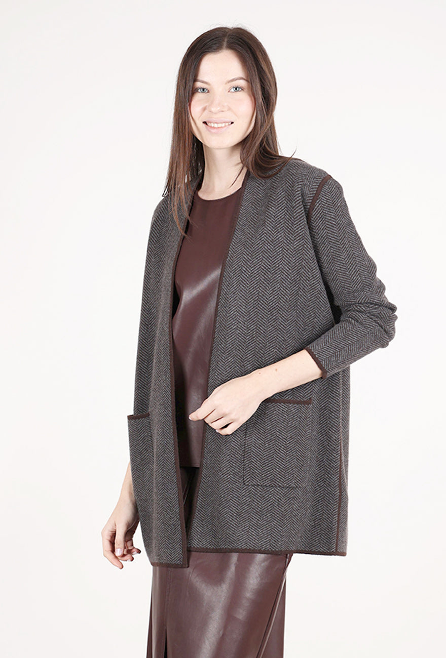 Kinross Cashmere Jacquard Herringbone Cardie, Charcoal/Flannel