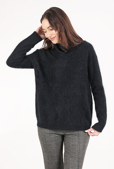 Kinross Cashmere Brushed Cashmere Funnel Neck, Black