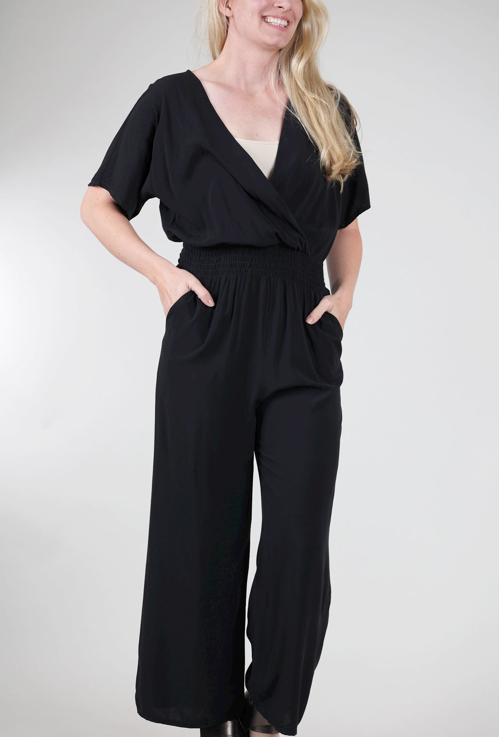 M Made in Italy Smocked Waist Jumpsuit, Black