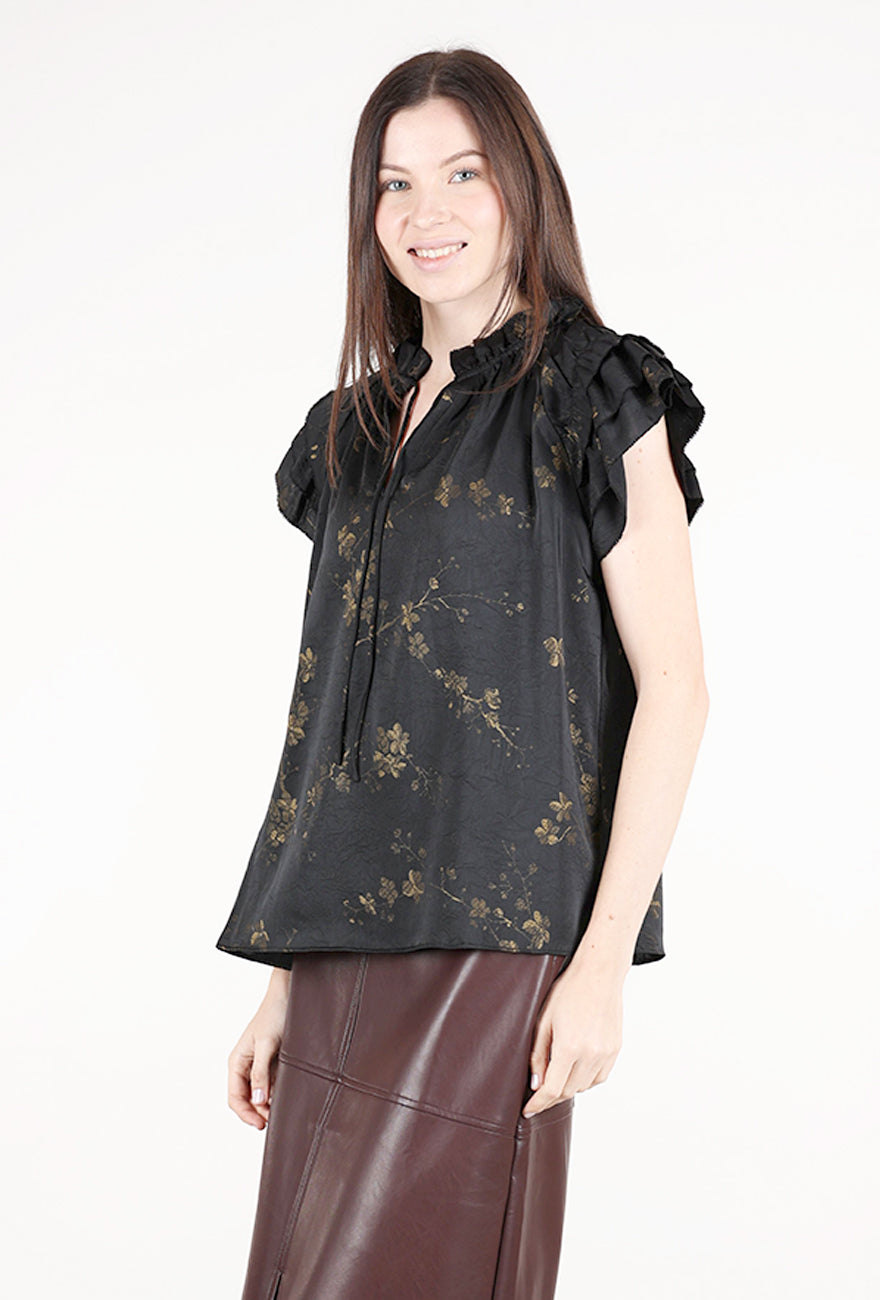Grade & Gather Printed Ruffle Top, Black/Khaki