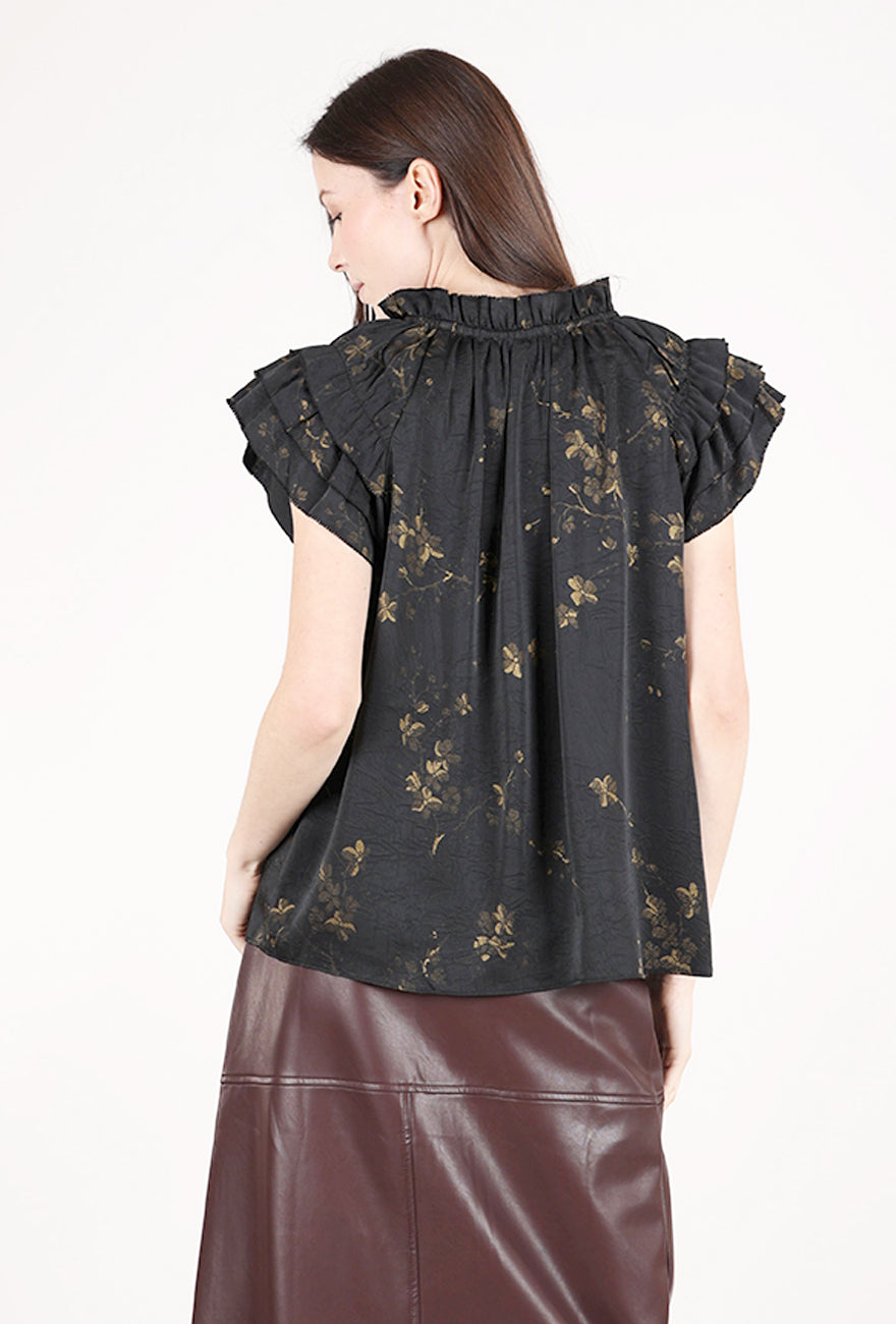 Grade & Gather Printed Ruffle Top, Black/Khaki