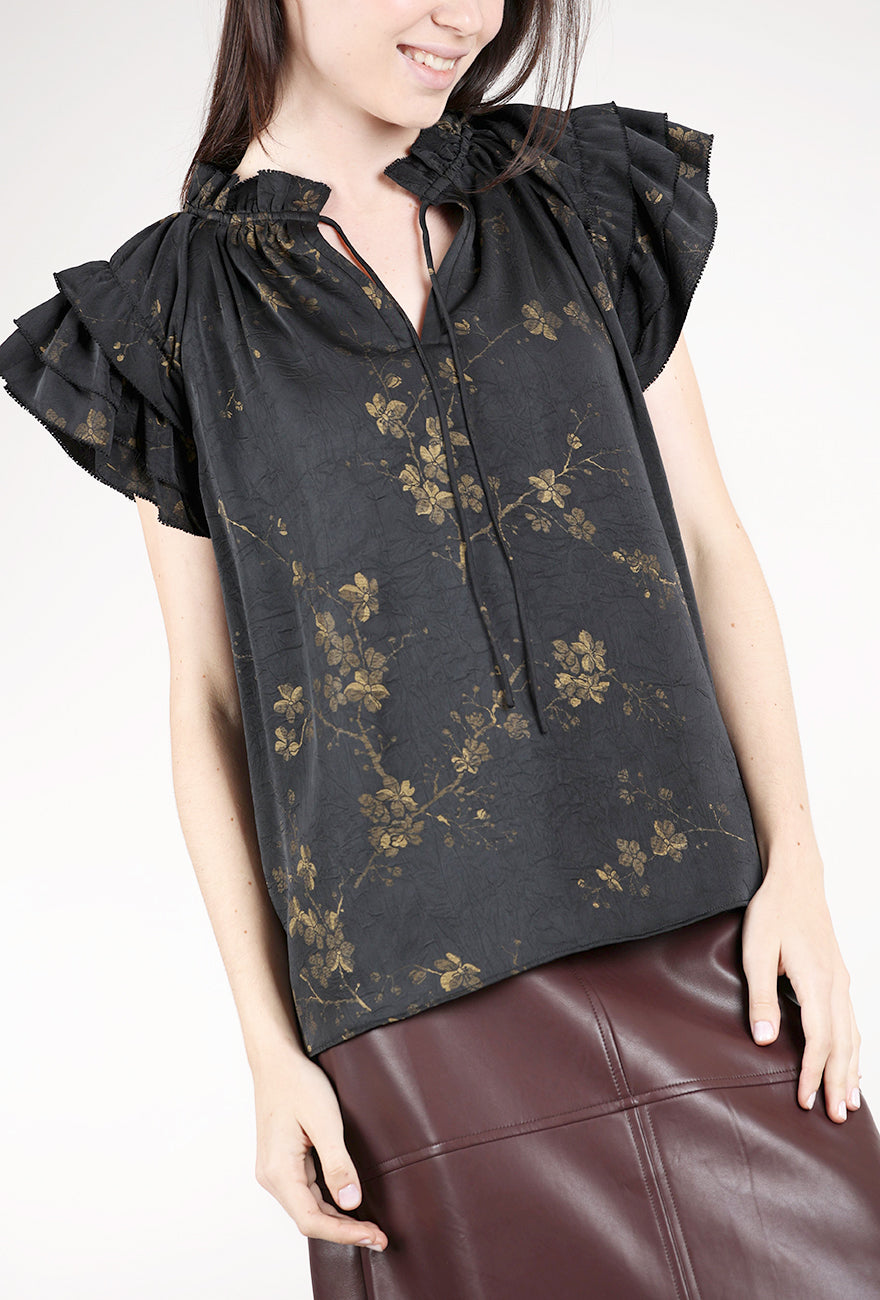 Grade & Gather Printed Ruffle Top, Black/Khaki