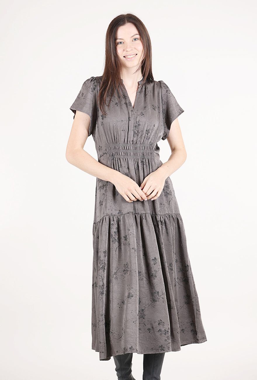 Printed Ruffle Midi Dress, Steel
