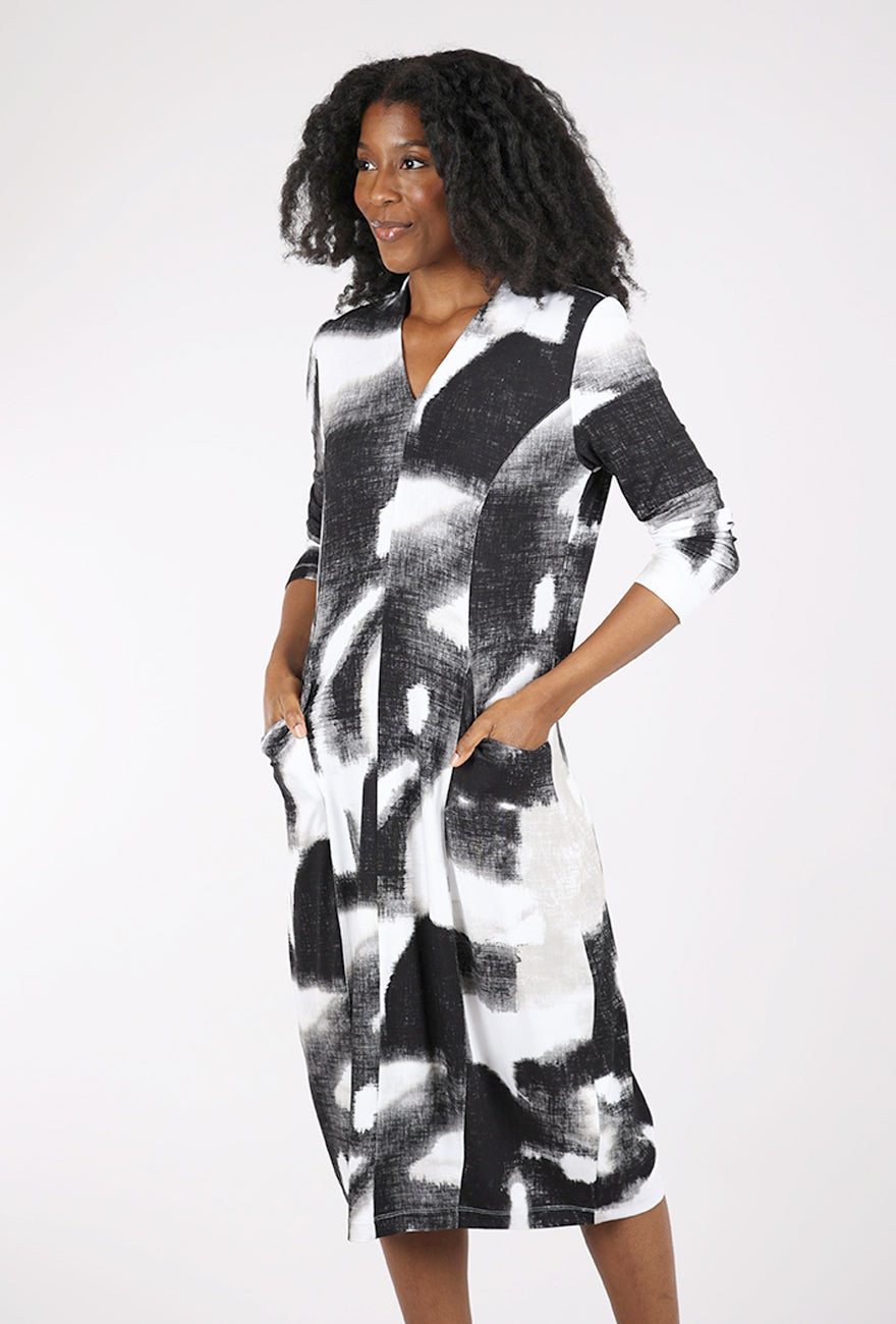Ikat Cocoon Dress, Black Mix