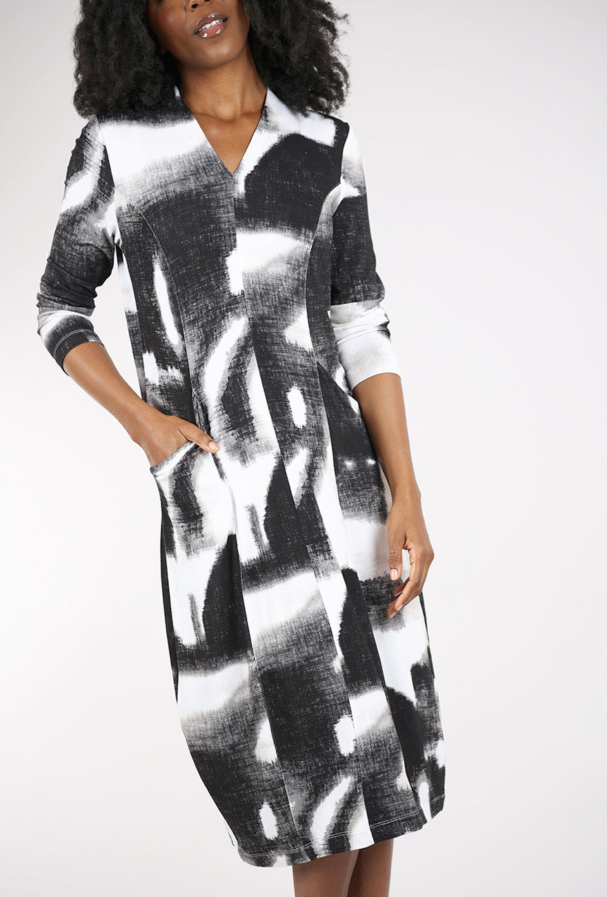 Ikat Cocoon Dress, Black Mix