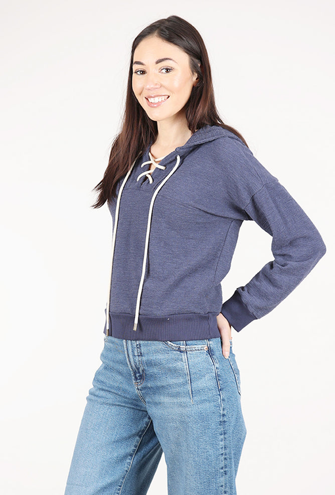 Mododoc Lace Up Henley Hoodie, Sailor Blue