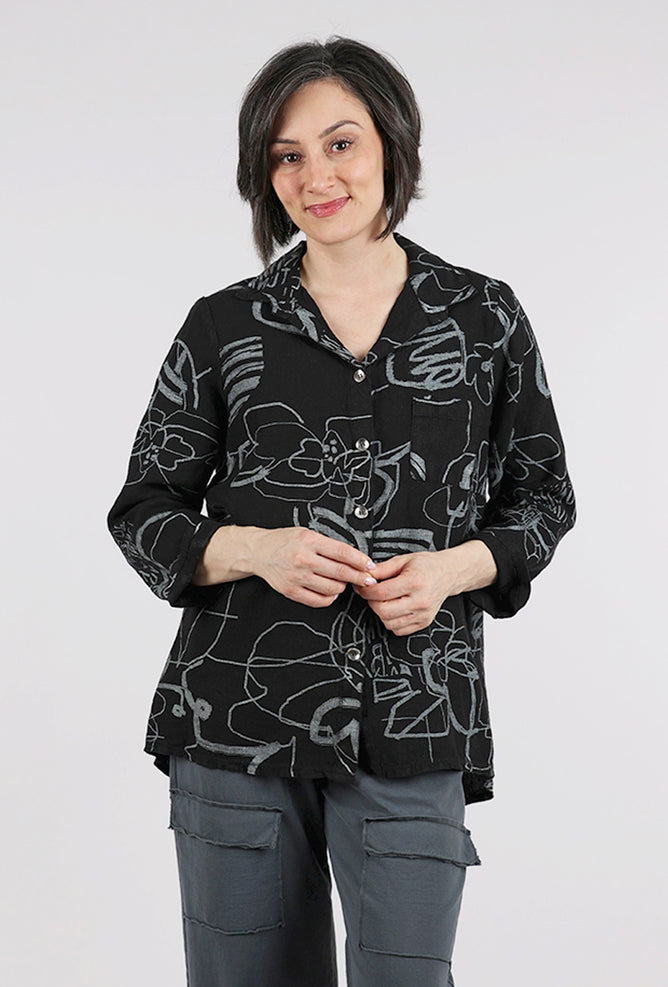 Fenini Linen Print Shirt Jacket, Black
