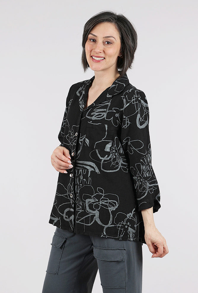 Fenini Linen Print Shirt Jacket, Black