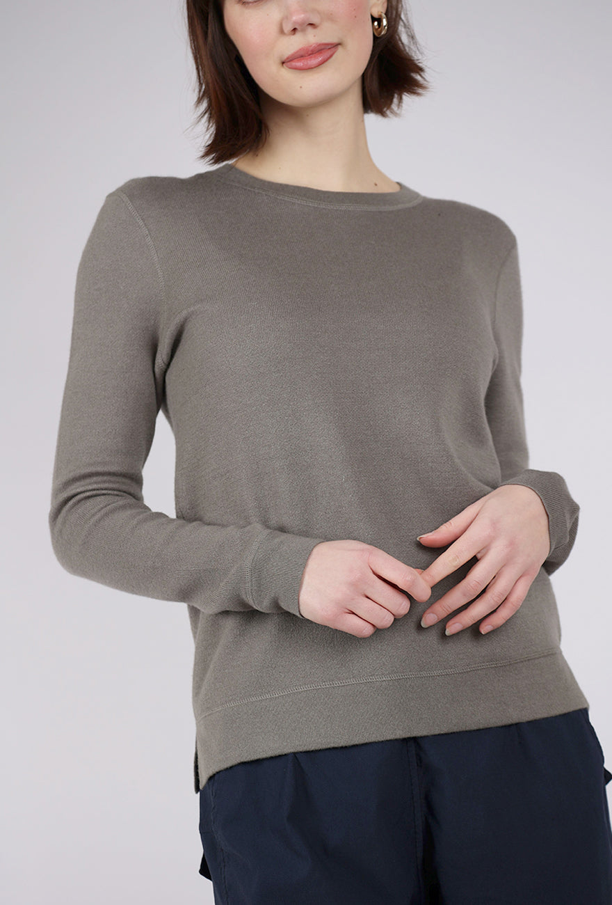 Kinross Cashmere Reversible Crew, Eucalyptus/White
