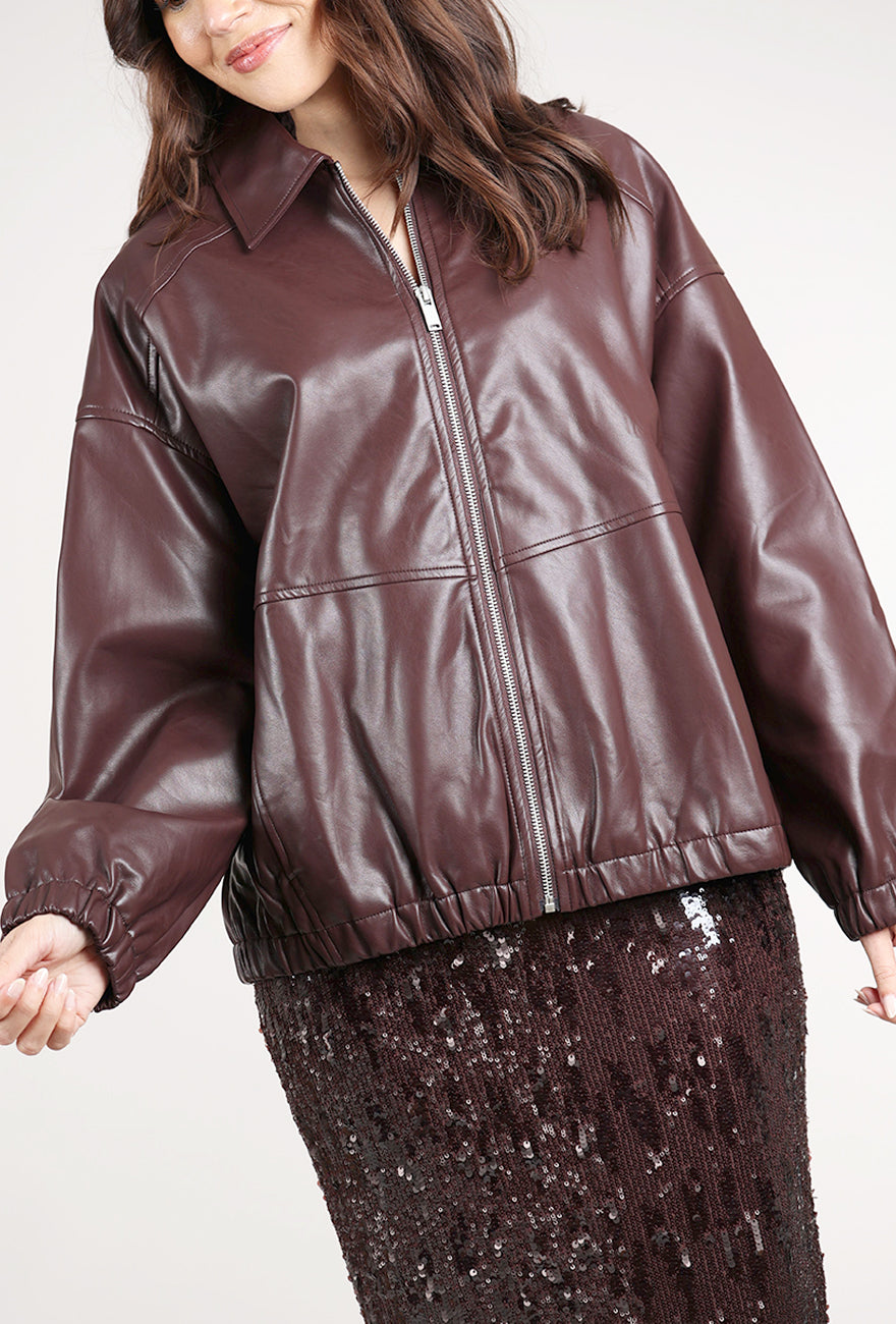 Grade & Gather Vegan Leather Bomber Jacket, Plum Wine