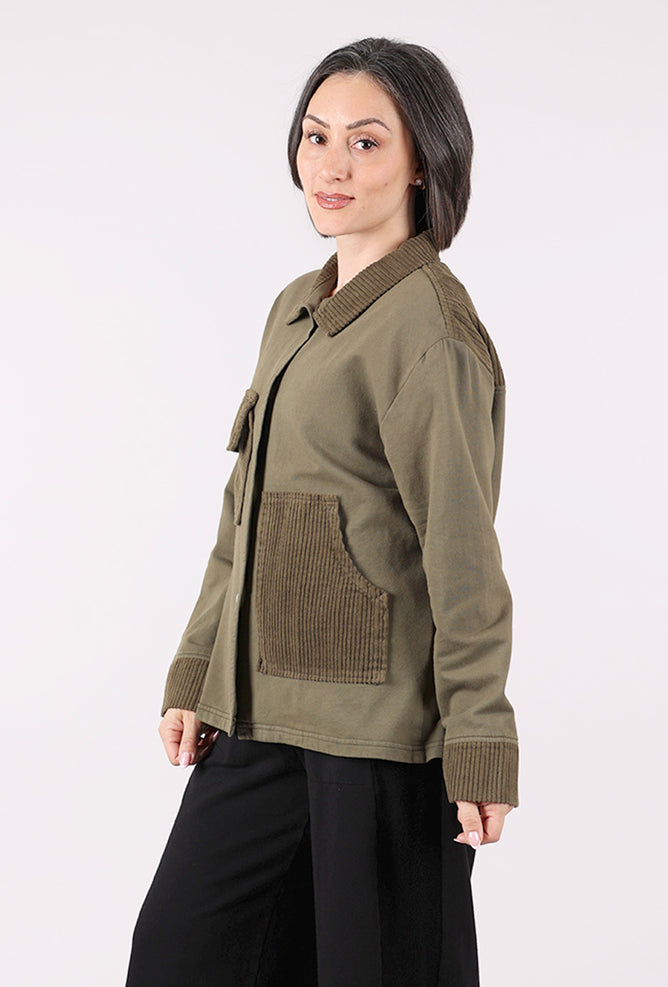 Fenini Contrast Cord Boxy Fleece Jacket, Olive