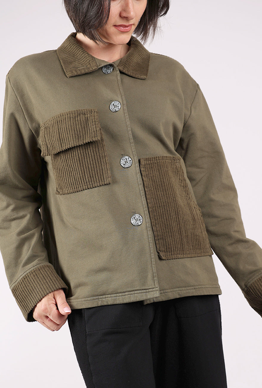 Fenini Contrast Cord Boxy Fleece Jacket, Olive