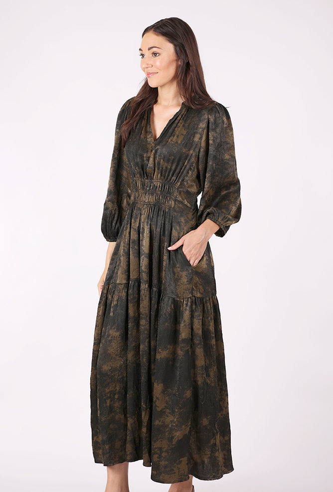 Grade & Gather Smocked Waist Printed Midi Dress, Tapenade