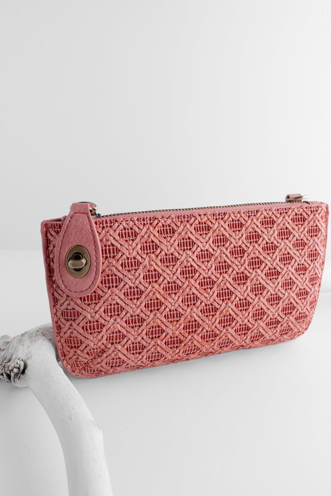 Joy Accessories Mini Crossbody Wristlet, Pink Lattice Woven