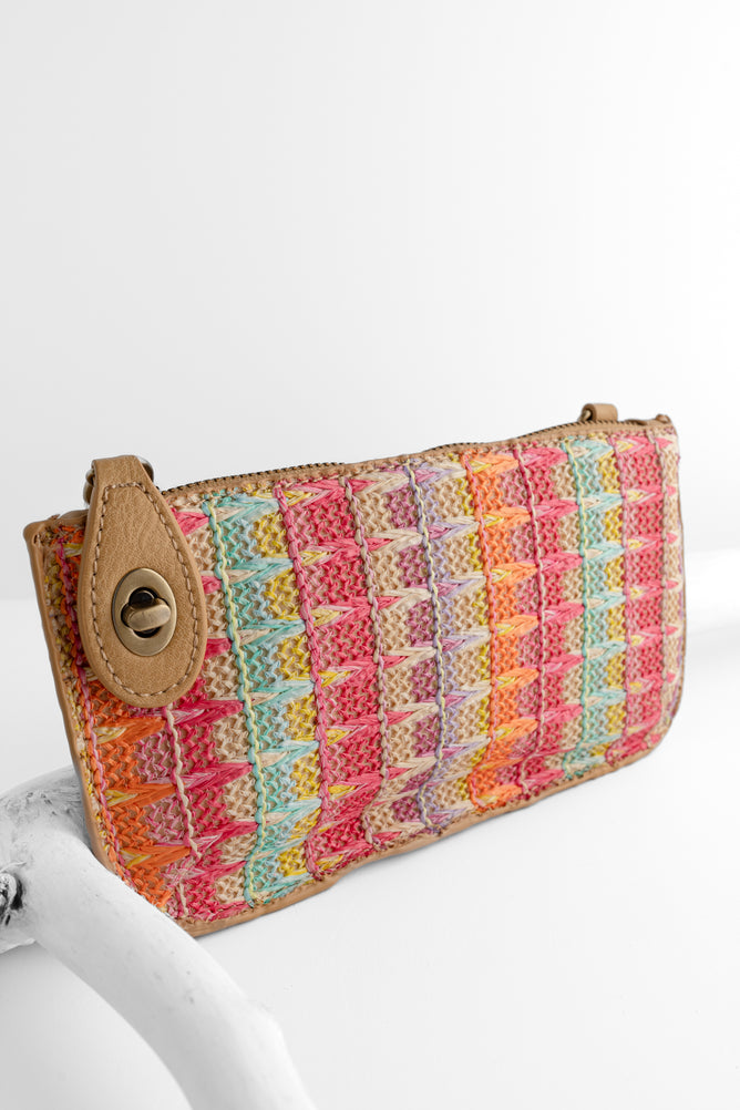 Joy Accessories Straw Mini Wristlet Clutch, Multi