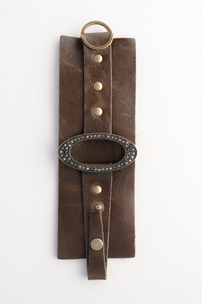 Rebel Designs Wide Leather Cuff with Oval Metal Center, Multi Green
