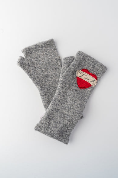 Sardine Recycled Cashmere Handwarmers, Tattoo Heart F*ck, Gray/Red