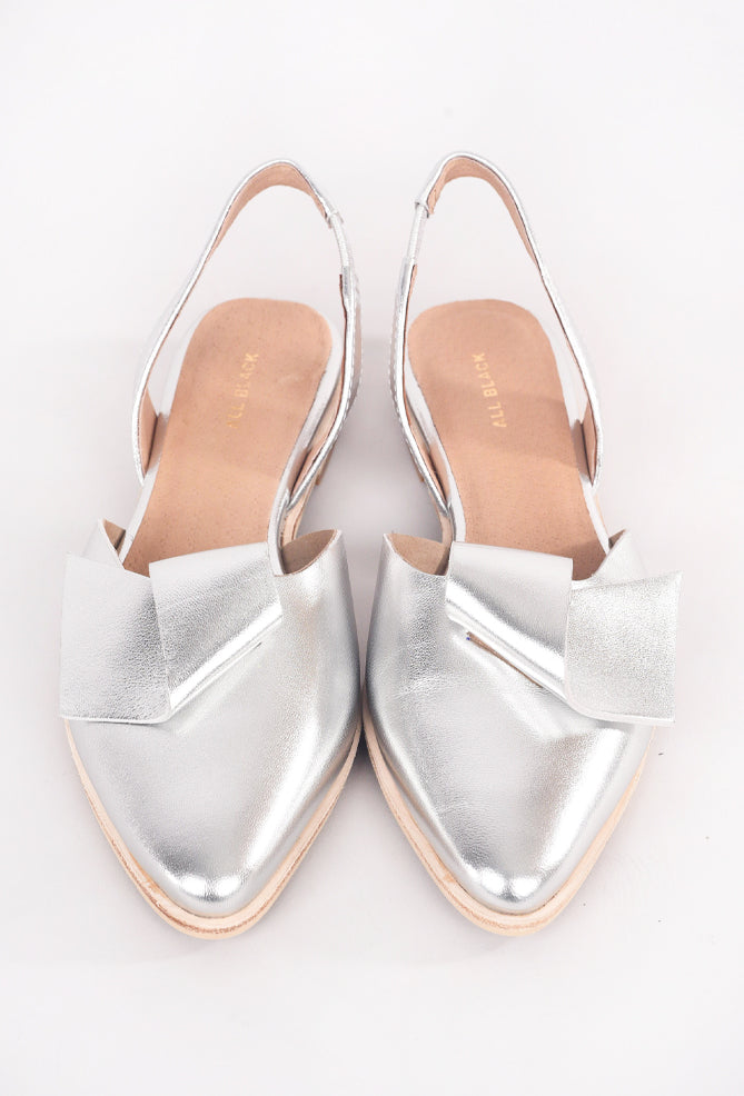 All Black Flat Bow Slingback, Silver