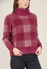 Hem & Thread Checker Print Tneck Sweater, Berry 