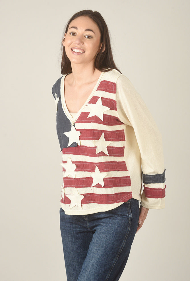 POL Vintage Wash Flag Sweatshirt, Cream Multi