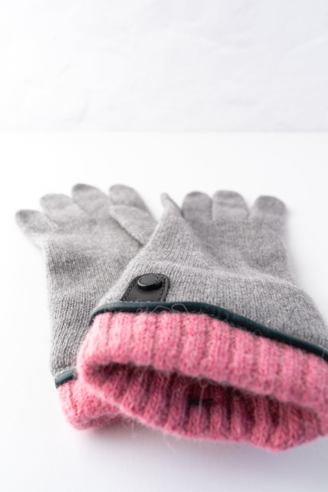 Santacana Madrid Leather Tab Wool and Cashmere Glove, Gray/Pink