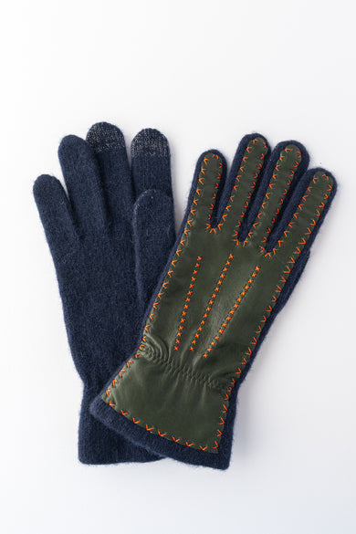 Santacana Madrid Contrast Stitch Leather and Wool Glove, Navy and Green