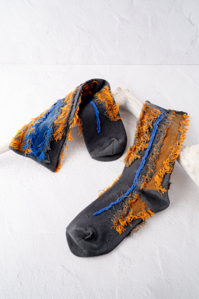 Moyuru Fringe Detail Socks, Gold and Blue