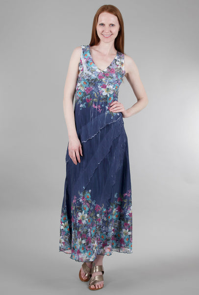 Komarov Spring Meadow Long Ruffle Dress Indigo