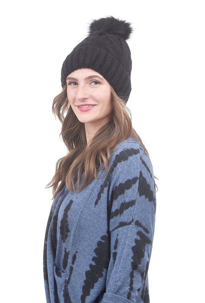 Joy Susan Cable Pompom Hat, Black