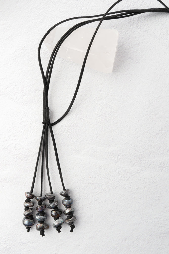 Escape from Paris Peacock Pearl Necklace, Black Suede 