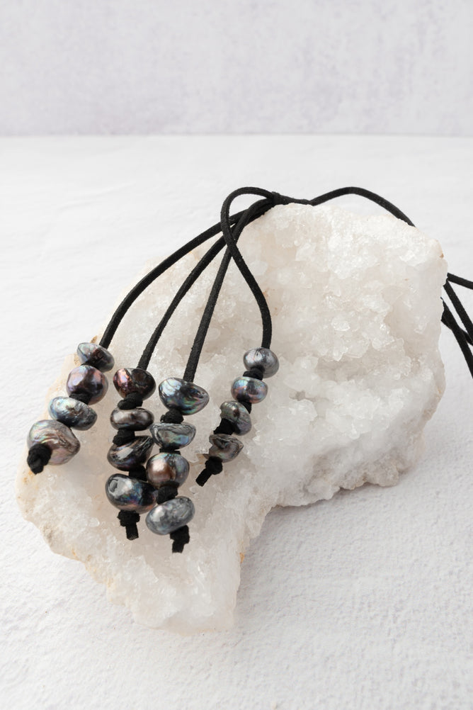 Escape from Paris Peacock Pearl Necklace, Black Suede 